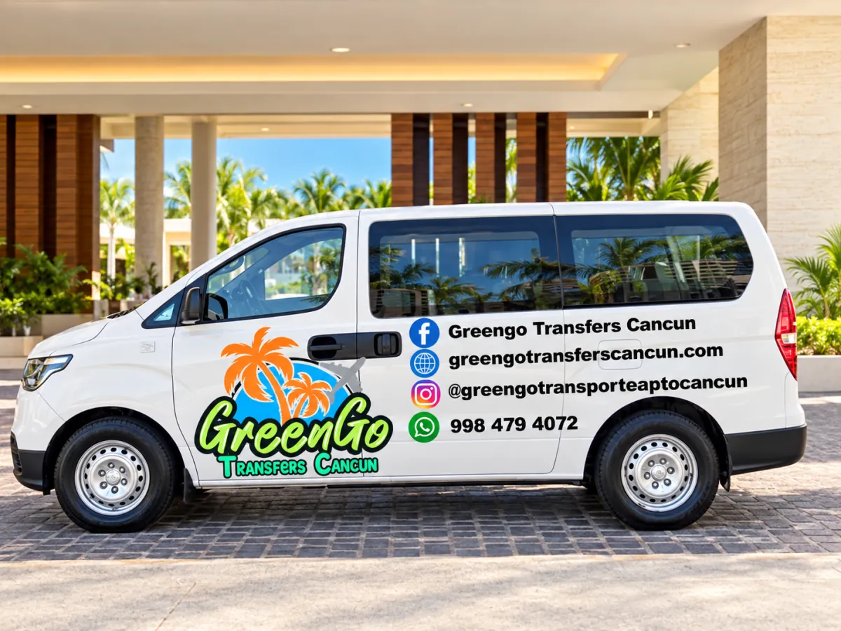 Van de GreenGo Transfers frente a un hotel