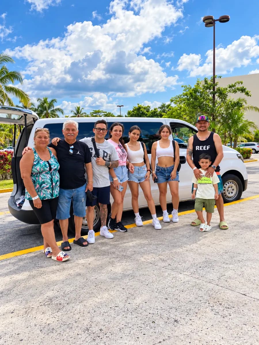 Familia reunida junto a su van de traslado privado