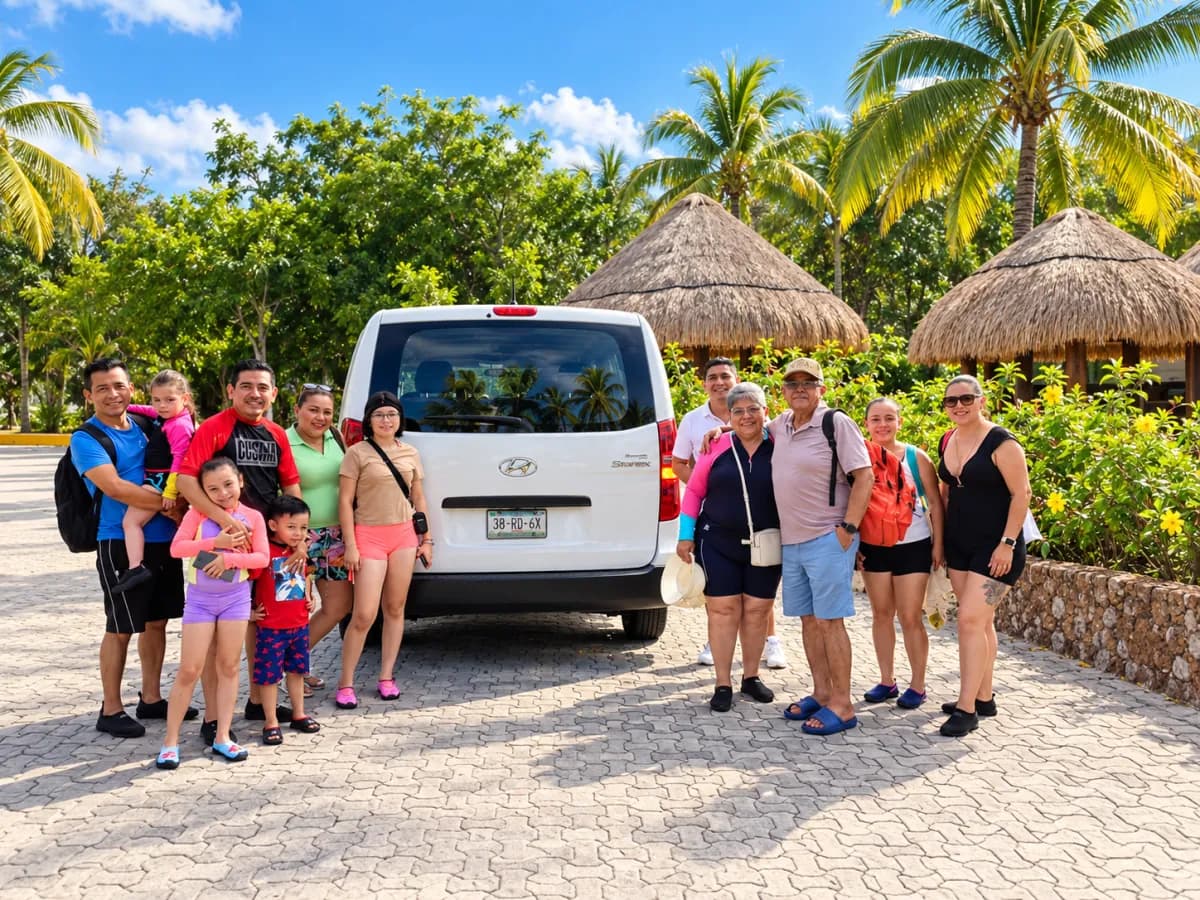 Familia numerosa junto a su van privada en la Riviera Maya
