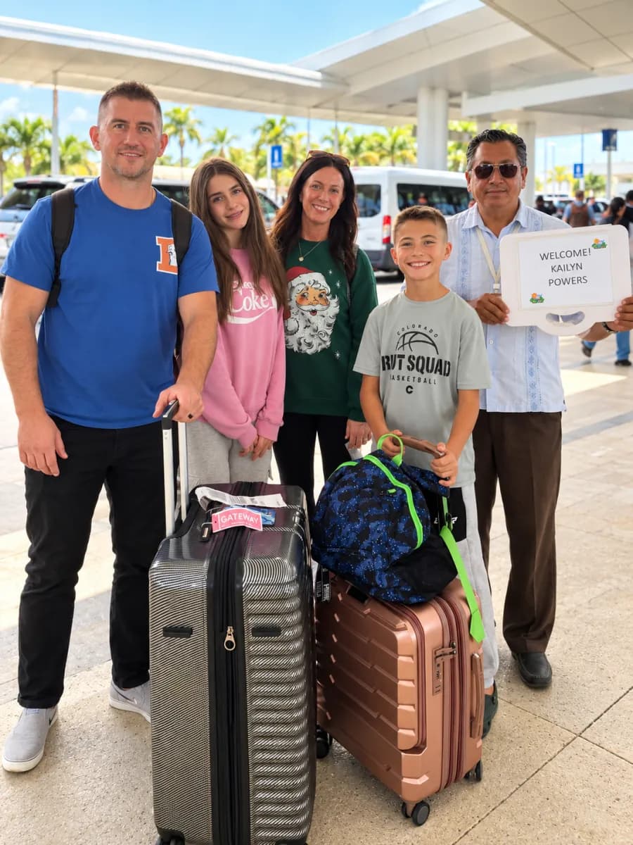 Familia recibida con letrero en el Aeropuerto de Cancún