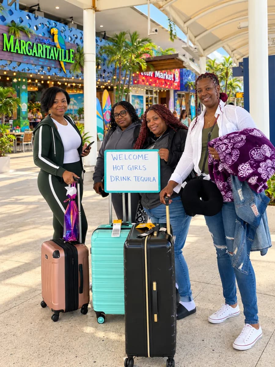 Grupo de amigas al llegar al Aeropuerto de Cancún
